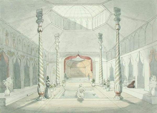 Interiör av ett persiskt bad i Kermanshah (akvarell på papper) av Charles Hamilton Smith