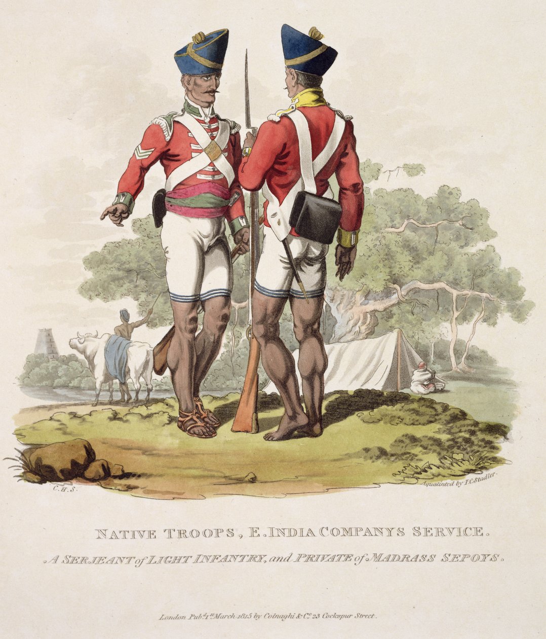 Infödda trupper i Ostindiska kompaniets tjänst: en sergeant för lätt infanteri och en menig från Madras Sepoys, graverad av Joseph Constantine Stadler, 1815 (akvatint) av Charles Hamilton Smith