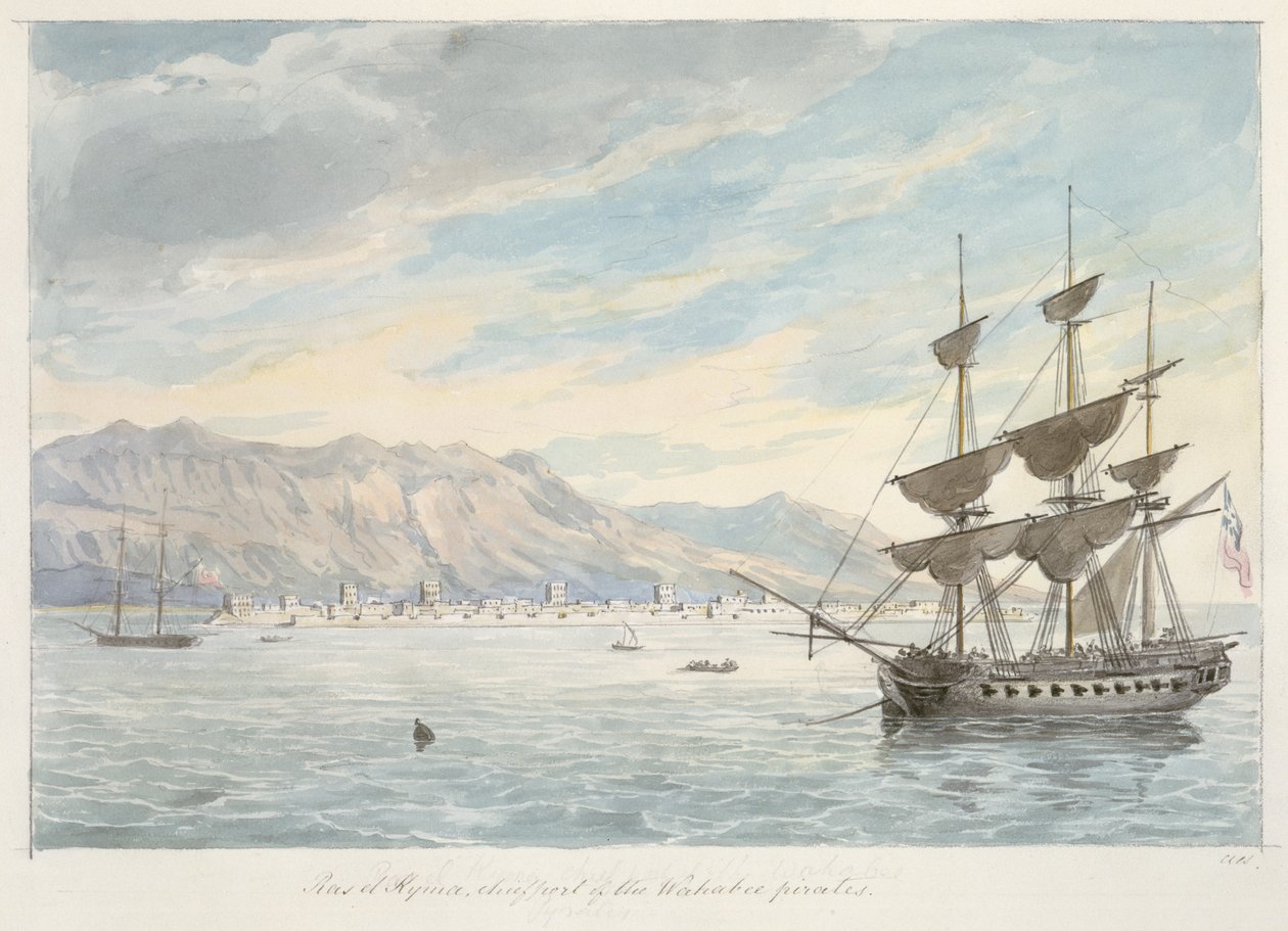 Ras el Kijma, huvudhamn för Wakabee-piraterna, ca 1800-tal (grafit  akvarell) av Charles Hamilton Smith