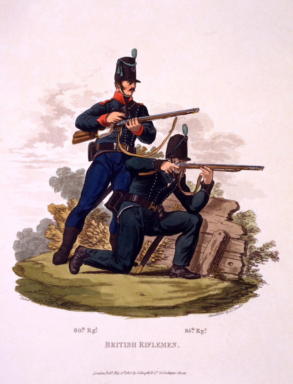 Uniform för brittiska skyttar (60:e och 95:e regementet), från "Costume of the British Empire, according to the Last Regulations", publicerad 1813 (handkolorerad akvatint). av Charles Hamilton Smith