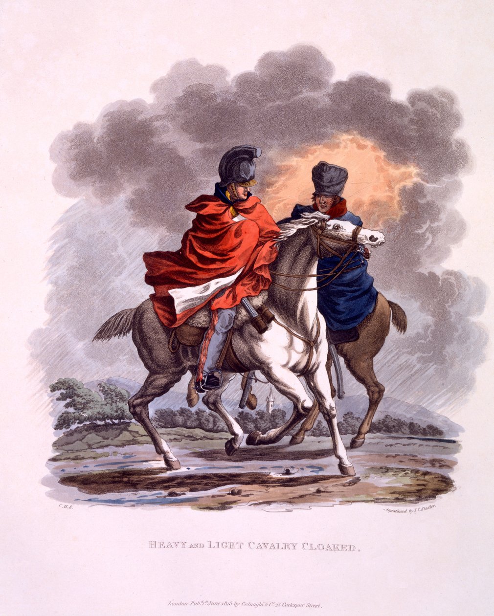 Uniform för tungt och lätt kavalleri i kappa, från "Costume of the British Empire, according to the Last Regulations", publicerad 1815 (handkolorerad akvatint) av Charles Hamilton Smith