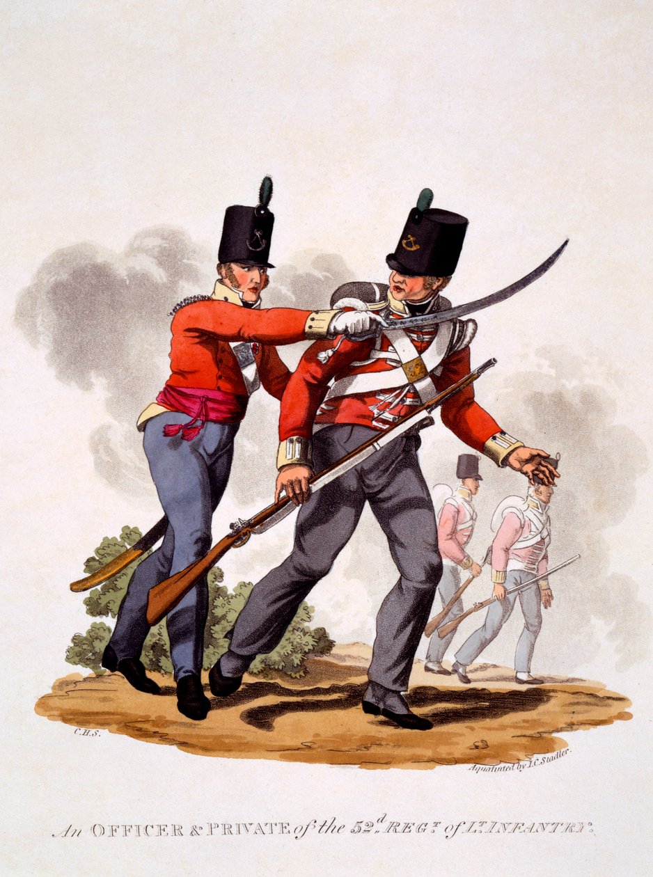 Uniform of Officer und Private of the 52nd Regt. Av lätt infanteri, graverad av Joseph Constantine Stadler (fl.1780-1812), 1812-15 (handfärgad akvatint) av Charles Hamilton Smith