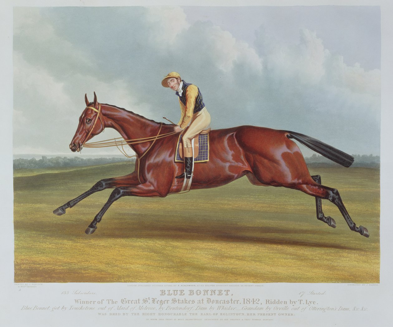 "Blue Bonnet", vinnare av Great St. Leger Stakes i Doncaster, 1842, graverad av John Harris (ca 1791-1873), pub. av Rudolph Ackermann, 1842 (akvatint) av Charles Hancock