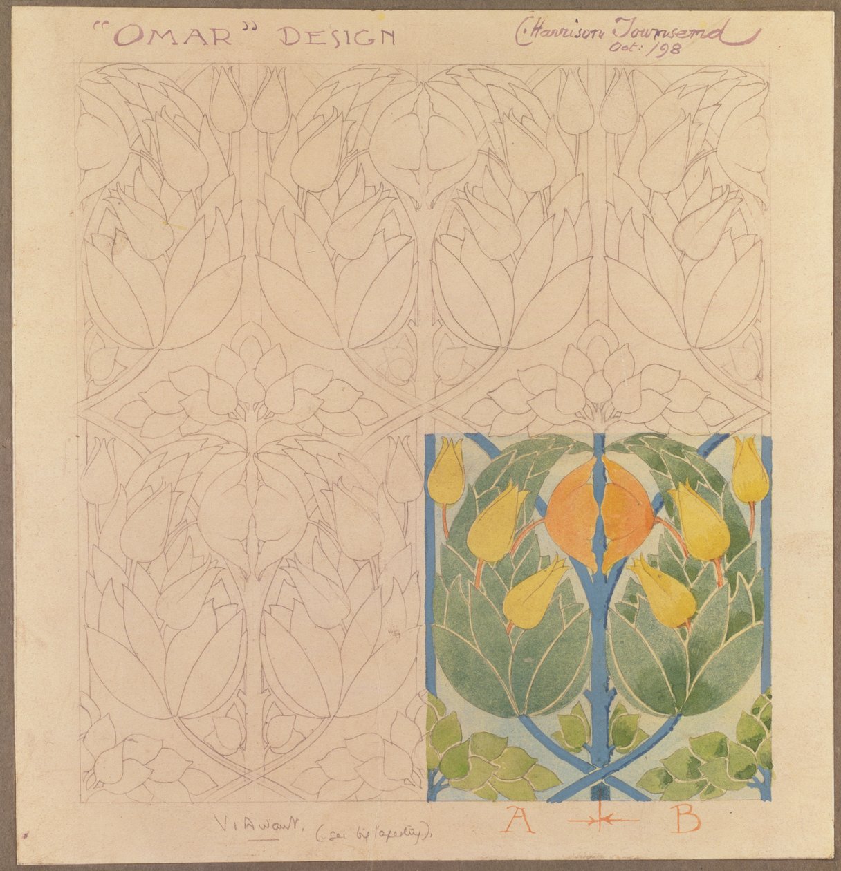 Omar, design för en dubbelduk i siden och ull, 1898 (silke och ull) av Charles Harrison Townsend