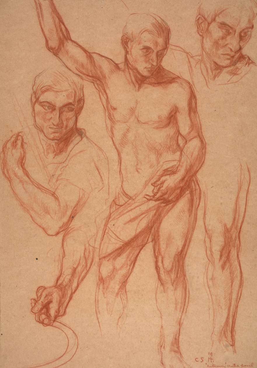 Manlig figurstudie med omstudier av huvud, armar, axlar och ben (skisser för mittpanelen av "Autumn"), 8 april av Charles Haslewood Shannon