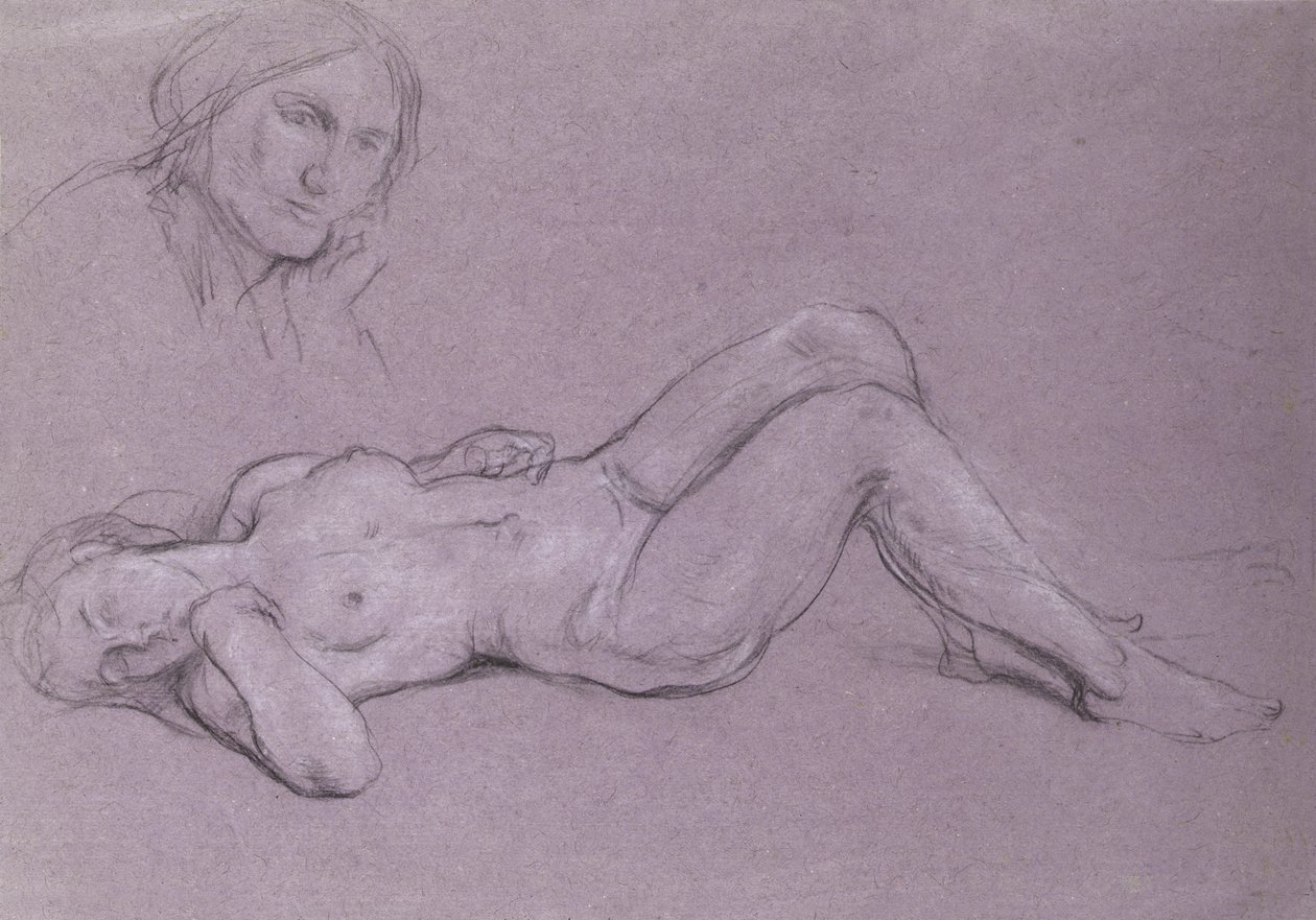 Studie av en liggande naken kvinnlig figur, med en studie av en kvinnas huvud vilande på hennes hand. av Charles Haslewood Shannon