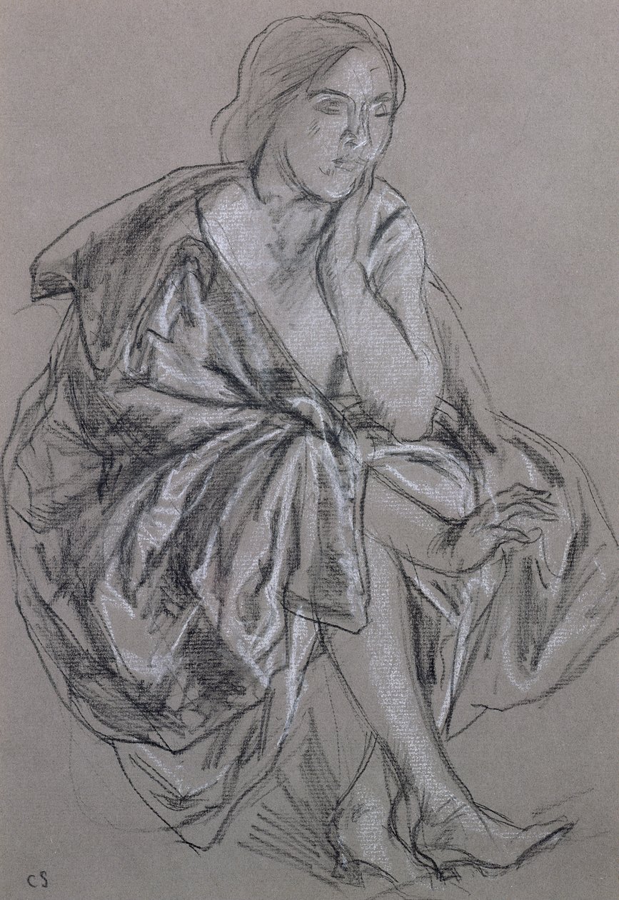 Studie av en sittande kvinna, Sittande kvinna med drapering (krita på papper) av Charles Haslewood Shannon