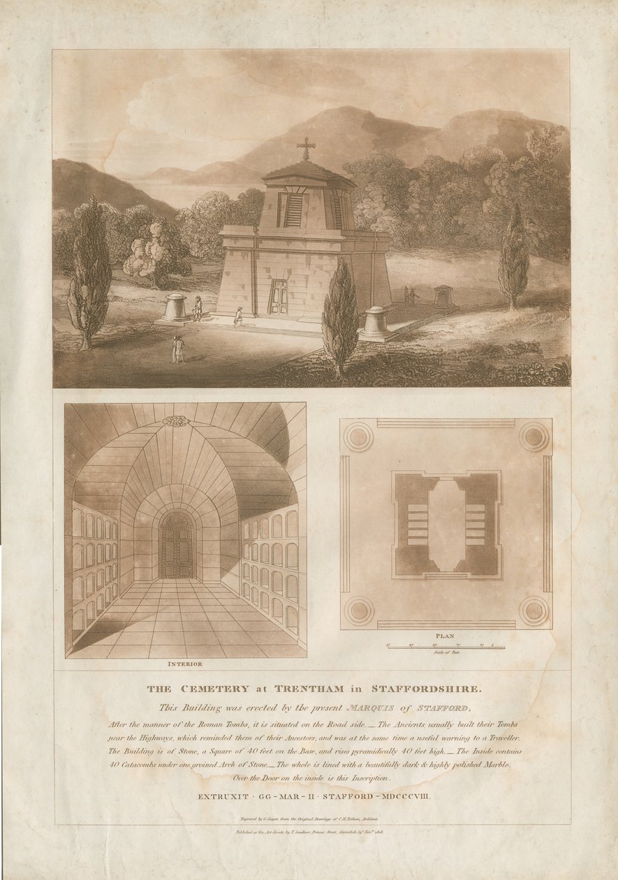 Trentham - Mausoleet: rödbrun akvatintgravyr, nd [c 1808] (tryck) av Charles Heathcote Tatham