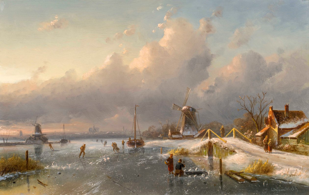 Ett vinterlandskap med väderkvarnar och skridskoåkare på en frusen vattenväg, 1840-50-talet av Charles Henri Joseph Leickert