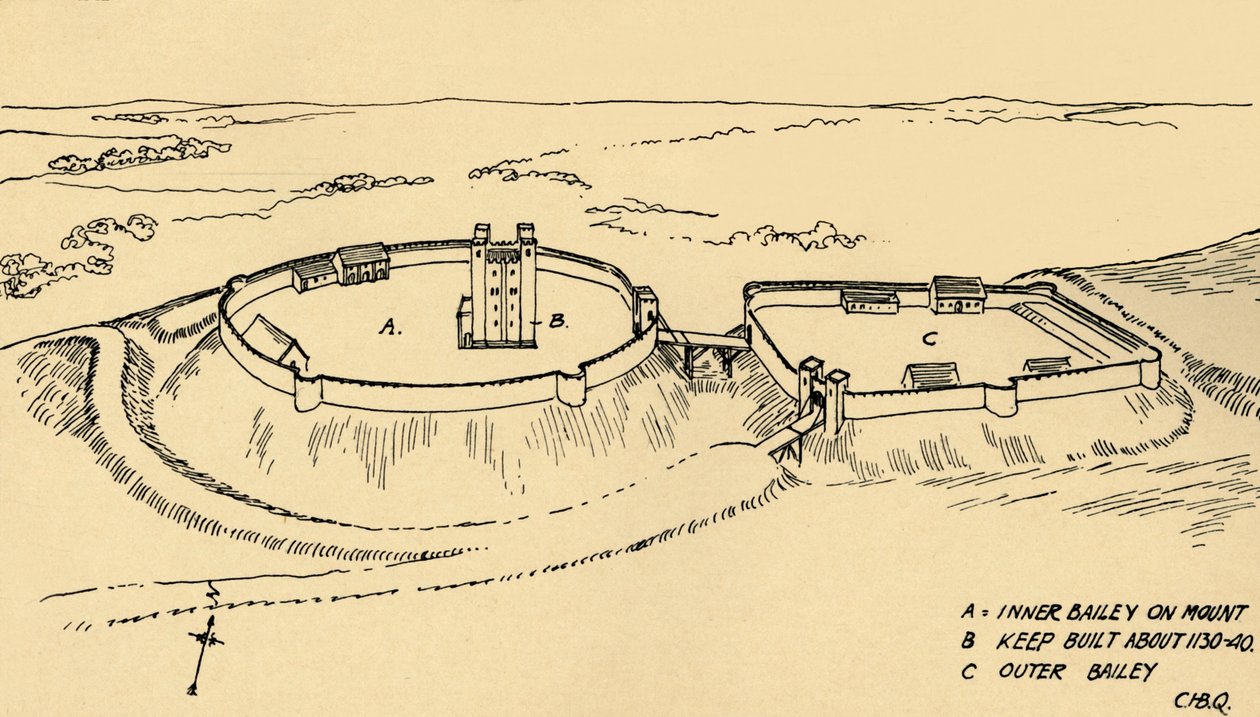 Fågelperspektiv av Castle Hedingham, Essex Partial Reconstruction., 1931 av Charles Henry Bourne Quennell