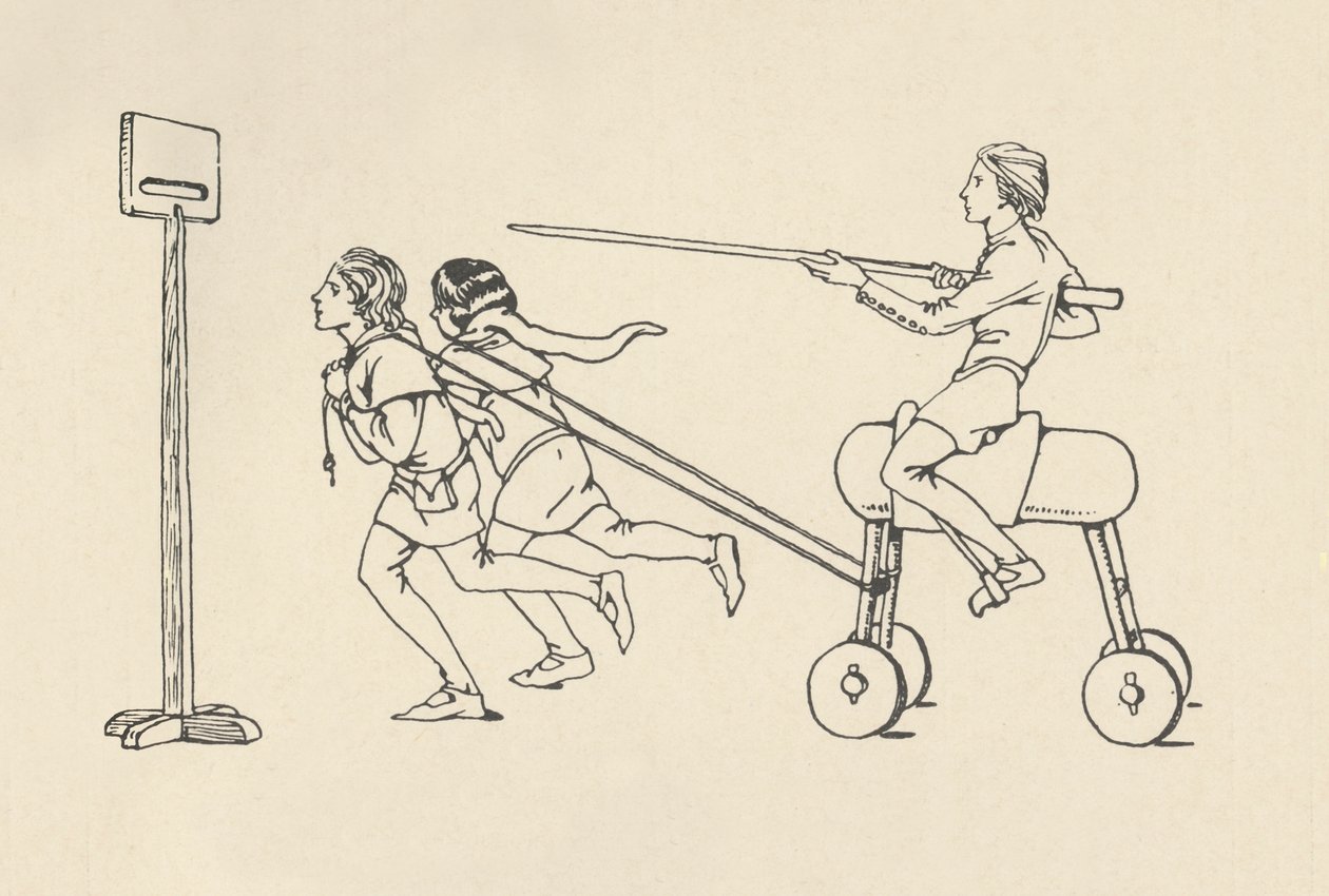 Pojkar som spelar på Riding at the Quintain Romance of Alexander, omkring 1340. Bodleian, 1931 av Charles Henry Bourne Quennell