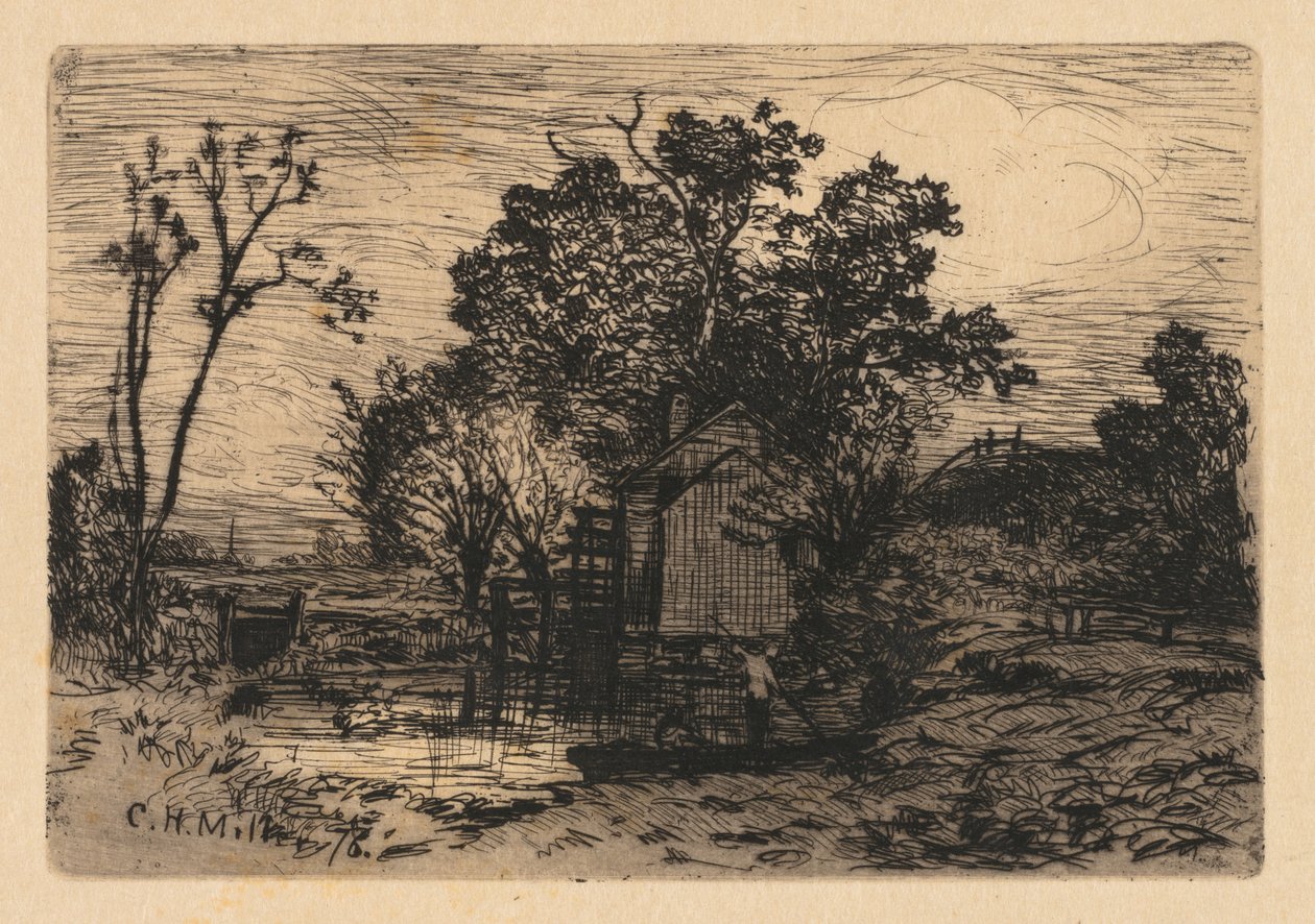 Stuga och två figurer i en båt av Charles Henry Miller
