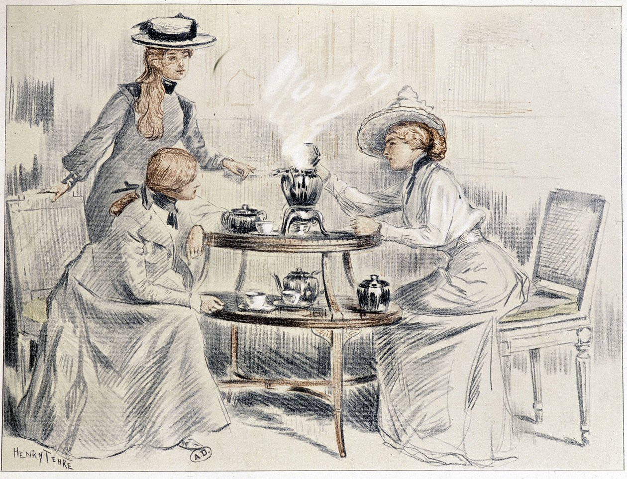 Damer som tar te runt en liten samovar - teckning av Henri Tenré, ca. 1910 av Charles Henry Tenre