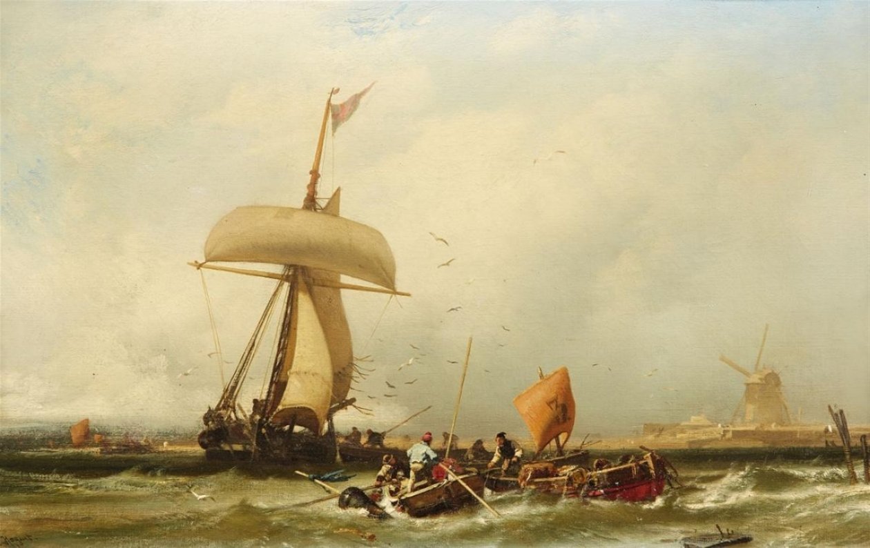 Tyska: Holländsk kustvy med segelfartyg och båtar Holländsk kustvy med segelfartyg och båtar av Charles Hoguet