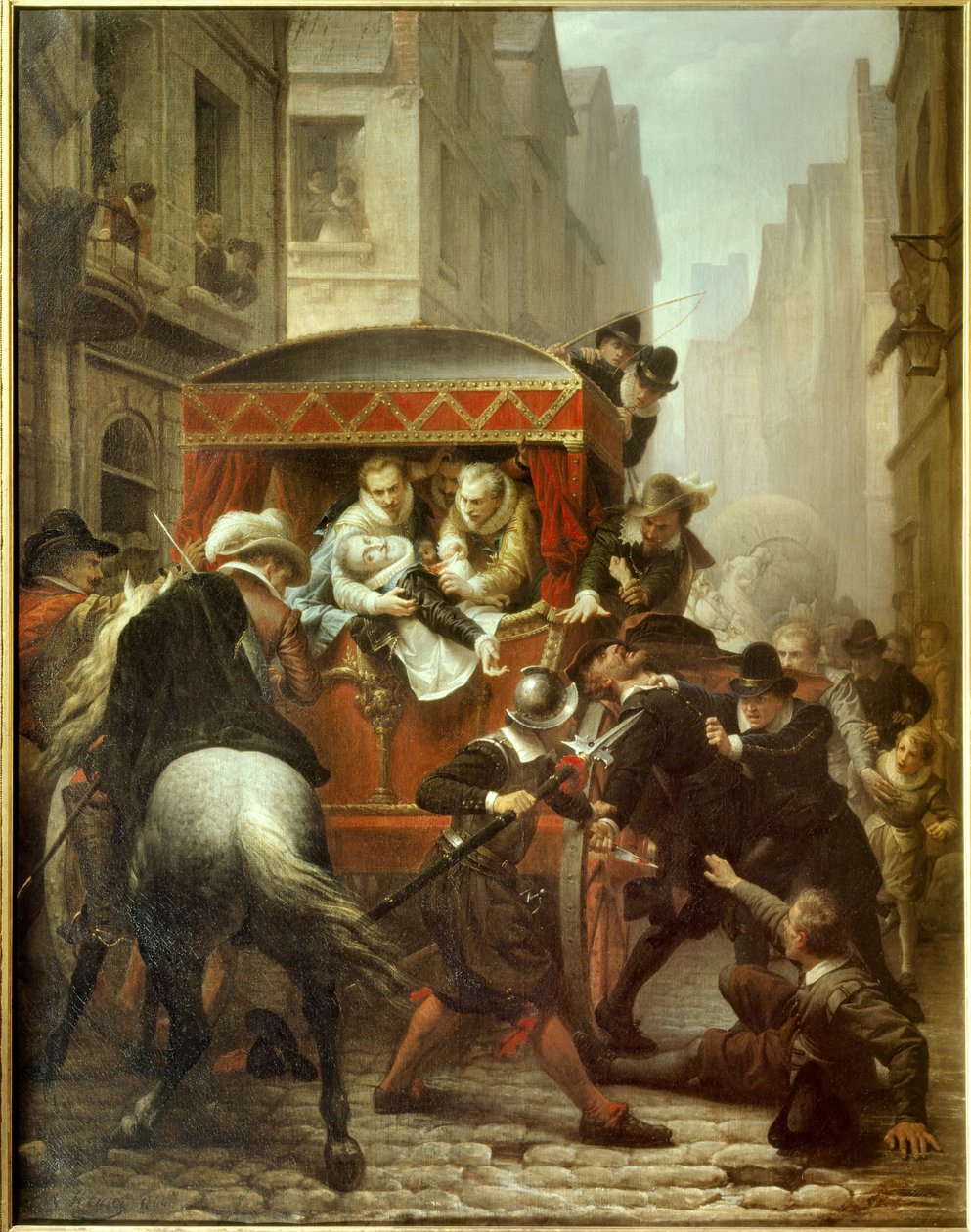 Henrik IV:s död: "" Mordet på Henrik IV, kung av Frankrike och arrestering av Ravaillac"" Mordet på kung Henrik IV (1553-1610) och arrestering av Francois Ravaillac (1578-1610) den 14/05/1610 i rue de la Ferronnerie i Paris. Målning av Charles Gustave Ho av Charles Housez