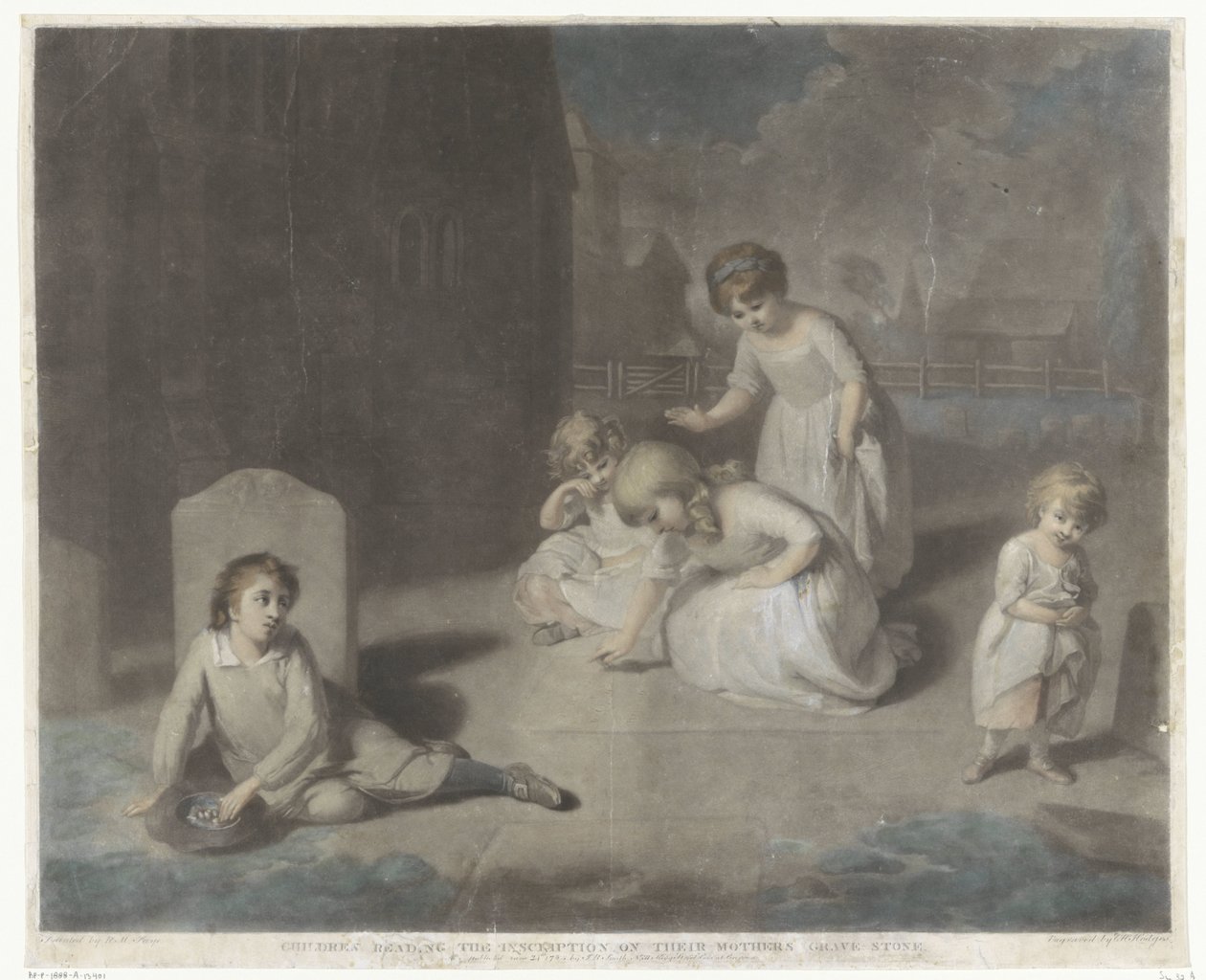 Barn på en kyrkogård Barn som läser inskriptionen på sin mors gravsten (titel på föremålet) av Charles Howard Hodges