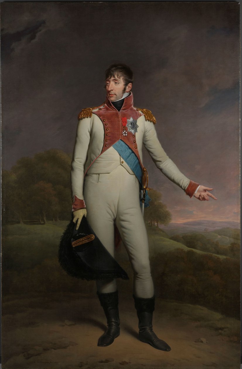 Porträtt av Louis Napoleon, kung av Holland Louis Napoleon (1778-1846), kung av Holland från 1806 till 1810, i uniform av livgardet till fots, dekorerad med Storkorset av Royal Order of the Union of Holland och Officerskorset av L. av Charles Howard Hodges