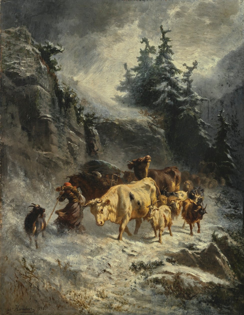 Franska: Troupeau dans une tempête de neige Flock i snöstorm av Charles Humbert
