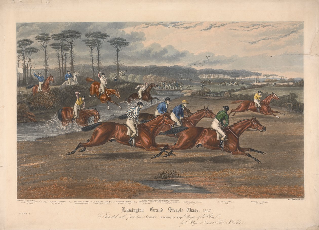 En av en uppsättning om fyra: Leamington Grand Steeple Chase ... 1837. Plåt 3. Mr. Clifford på grevinnan ... av Charles Hunt