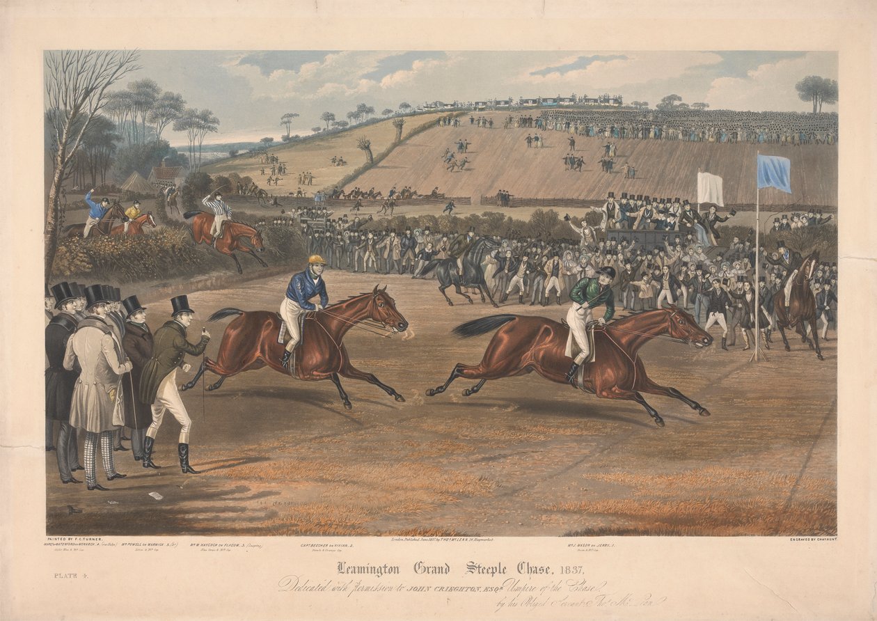 En av en uppsättning om fyra: Leamington Grand Steeple Chase ... 1837. Plåt 4. Marqs of Waterford on Monarch ... av Charles Hunt