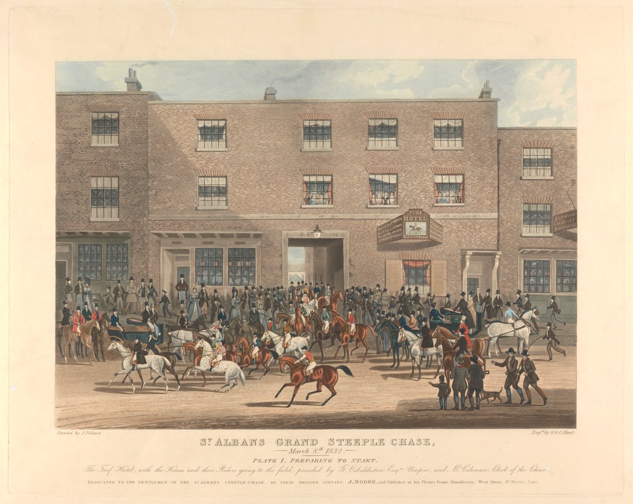 Steeple-chasing [set om sex]: St. Albans Grand Steeple Chase. / 8 mars 1832. Plåt 1. Förbereder för start ... av Charles Hunt