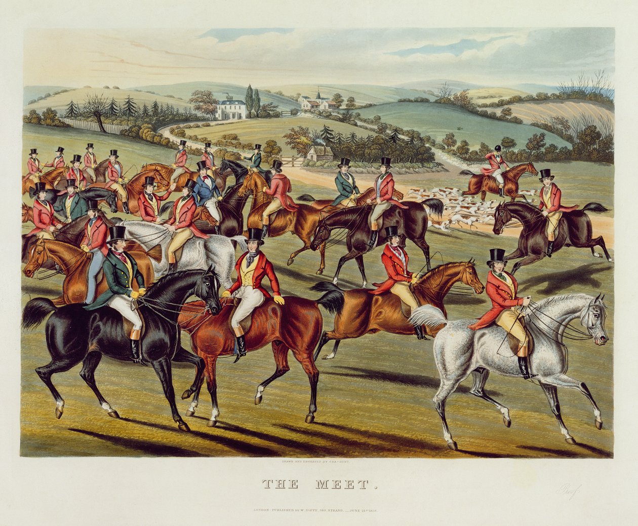 "The Meet", tavla I från "Fox Hunting", 1838 (handkolorerad akvatint) av Charles Hunt