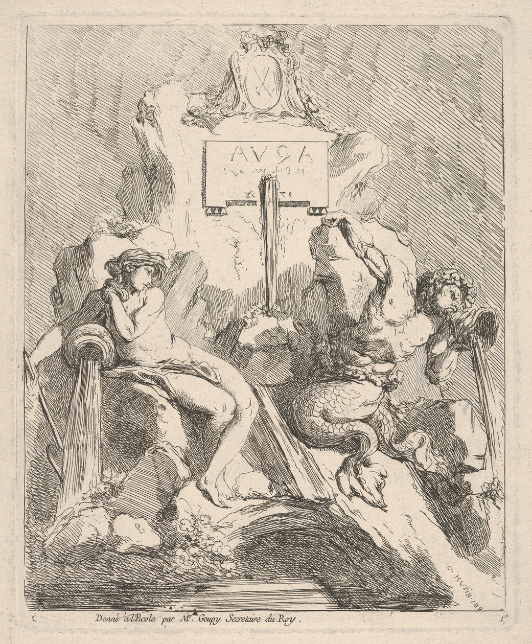 Design för en fontän med en sittande nymf till vänster och triton som håller ett skal mot munnen ..., 1768. av Charles Hutin