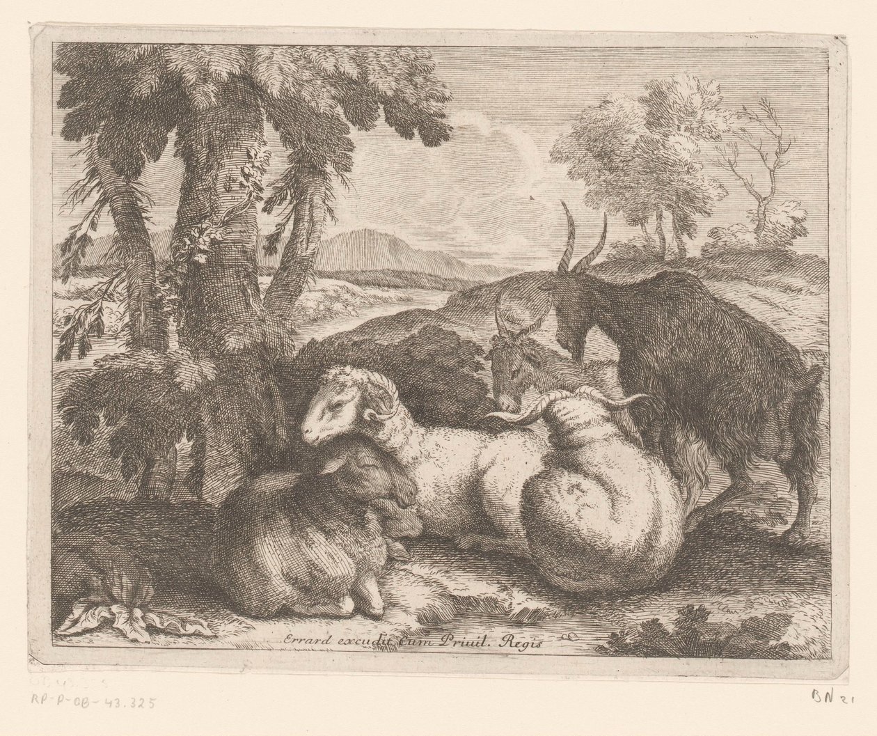 Får och getter under ett träd Djurserie (serietitel) av Charles II Errard (attributed to)