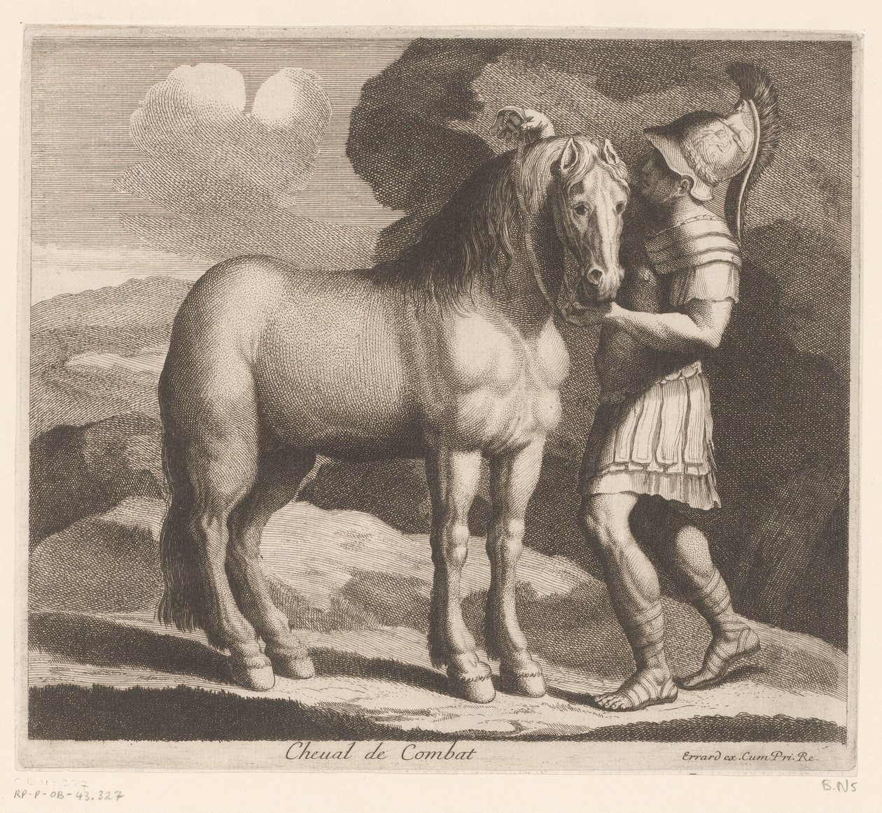 Soldat selar en häst Cheval de Combat (titel på objekt) Djurserie (serietitel) av Charles II Errard (attributed to)