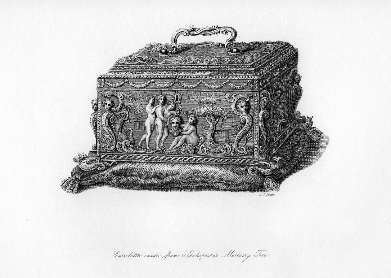 Snidade cassolette gjord av träet från Shakespeares mullbärsträd, c1700-talet, 1840 av Charles J. Smith