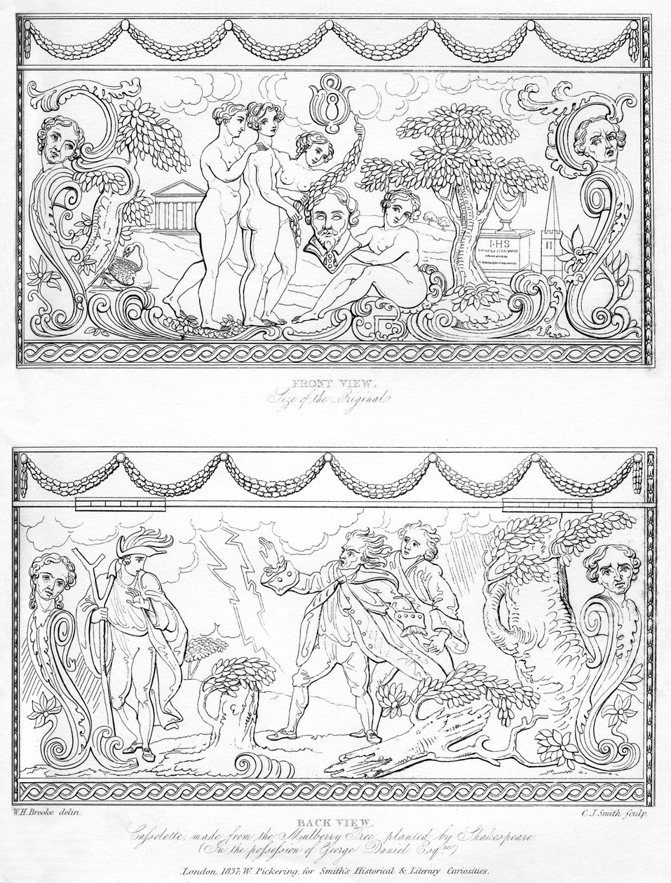 Snidade cassolette gjord av träet från Shakespeares mullbärsträd, c1700-talet, 1840 av Charles J. Smith