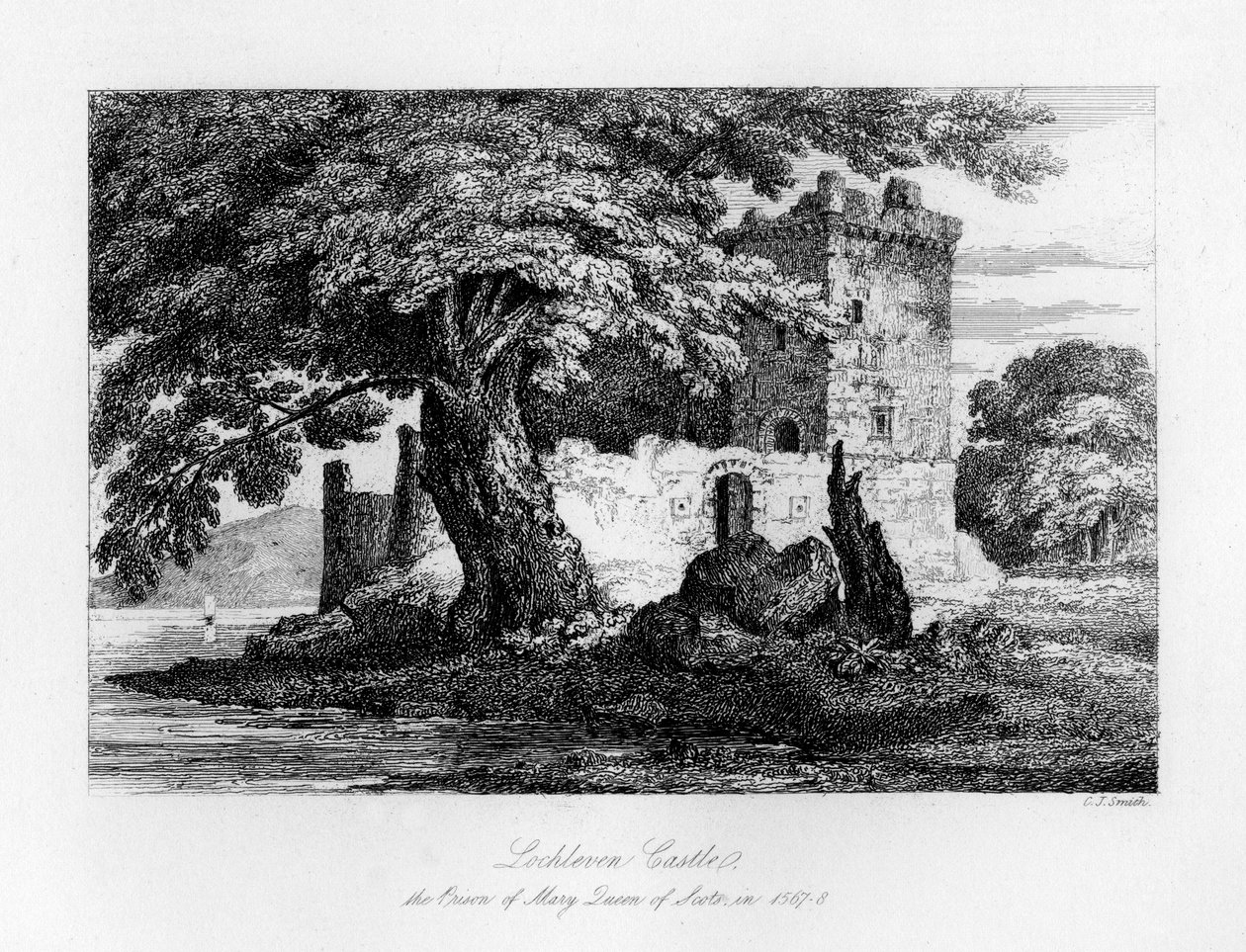 Lochleven Castle, Skottland, Mary, Queen of Scots, fängelse, 1840 av Charles J. Smith