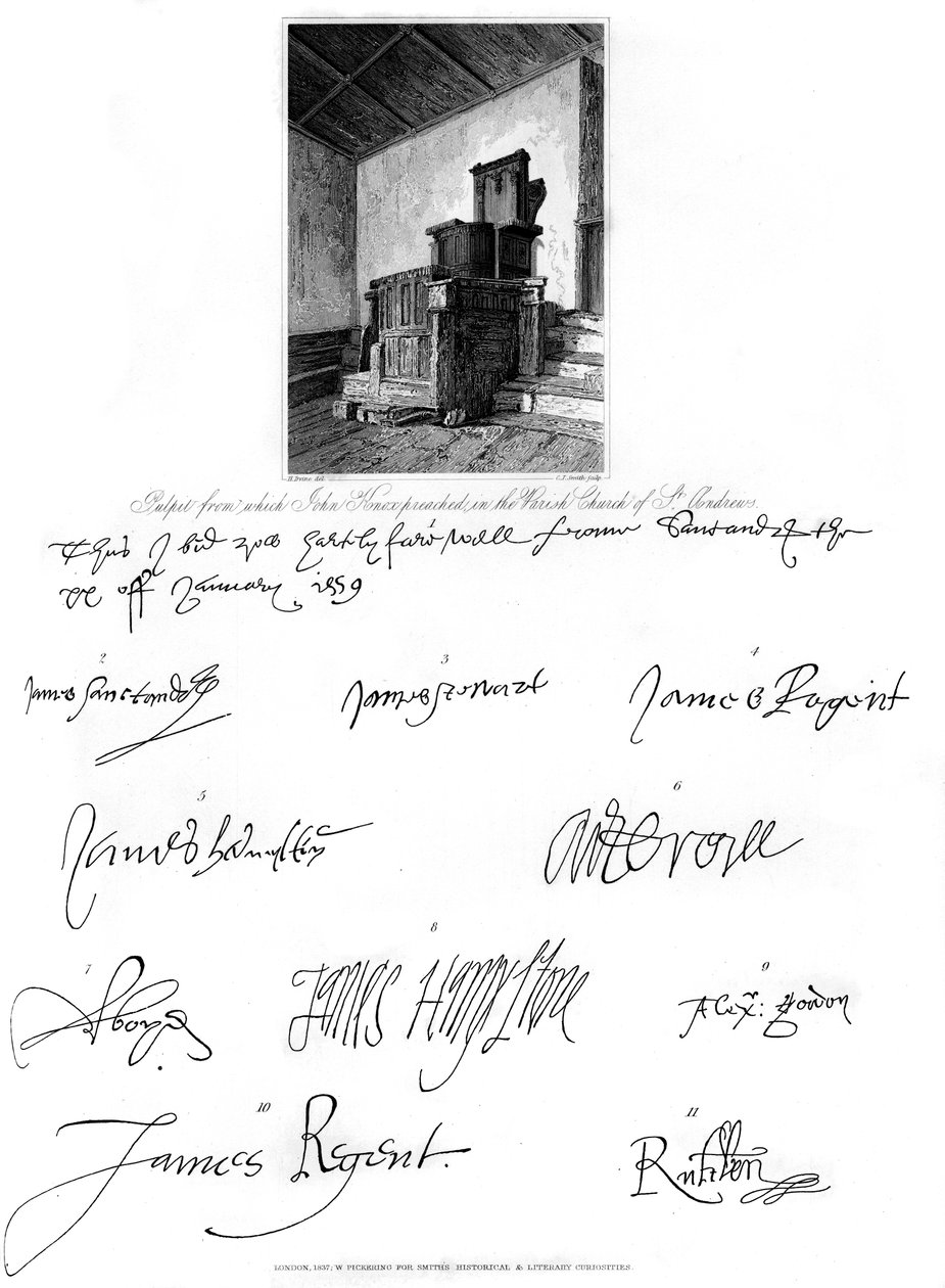 John Knox predikstol och signaturer från flera framstående personer, 1500-talet, 1840. av Charles J. Smith