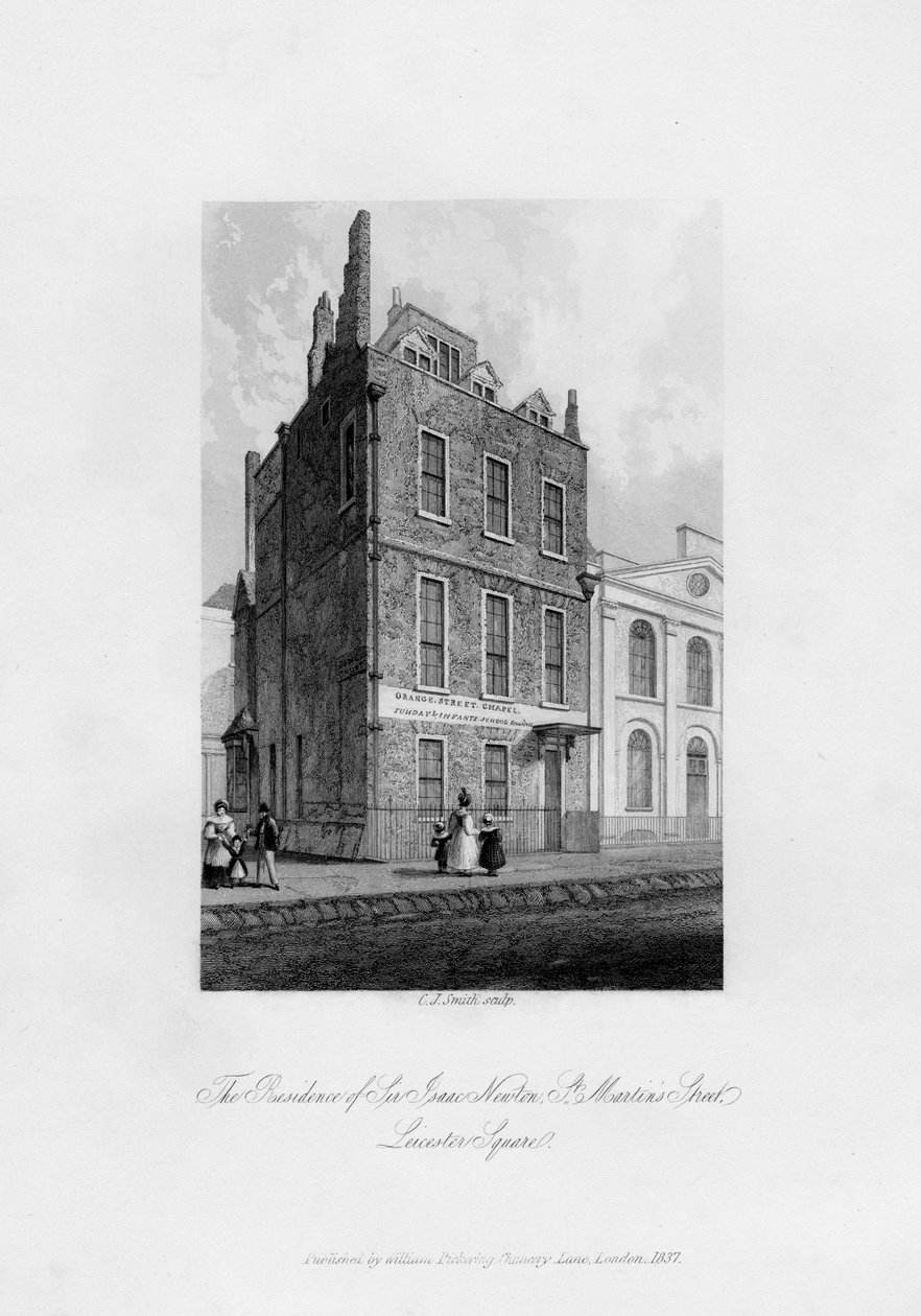 Sir Isaac Newtons residens, St Martins Street, Leicester Square, 1840 av Charles J. Smith