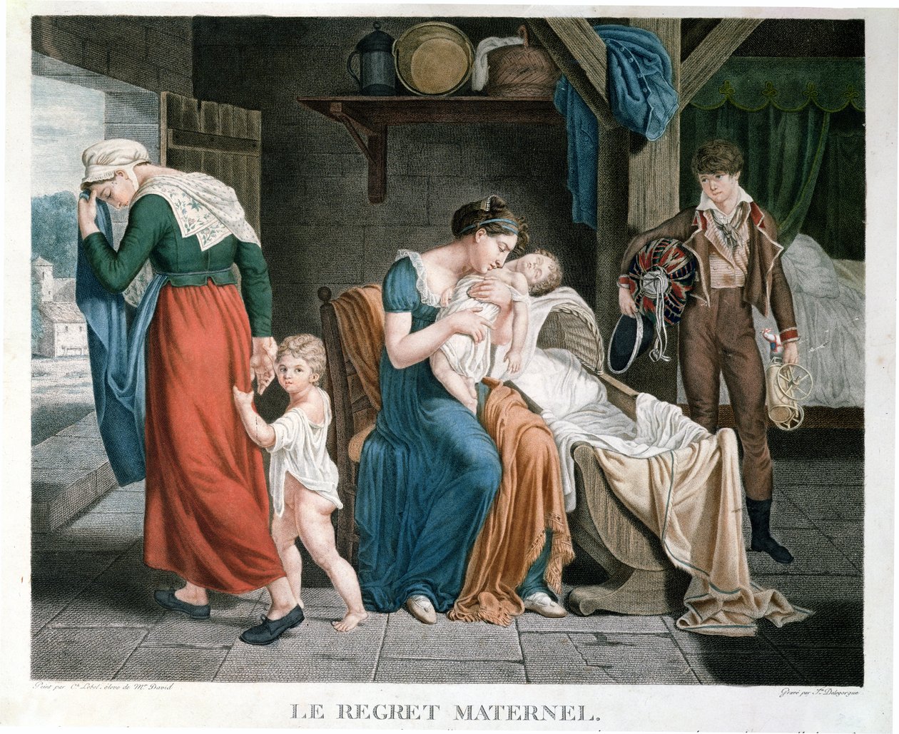 The Death of the baby omhändertagen av en sjuksköterska, graverad av Delegorgue (färggravyr) av Charles Jacques Lebel