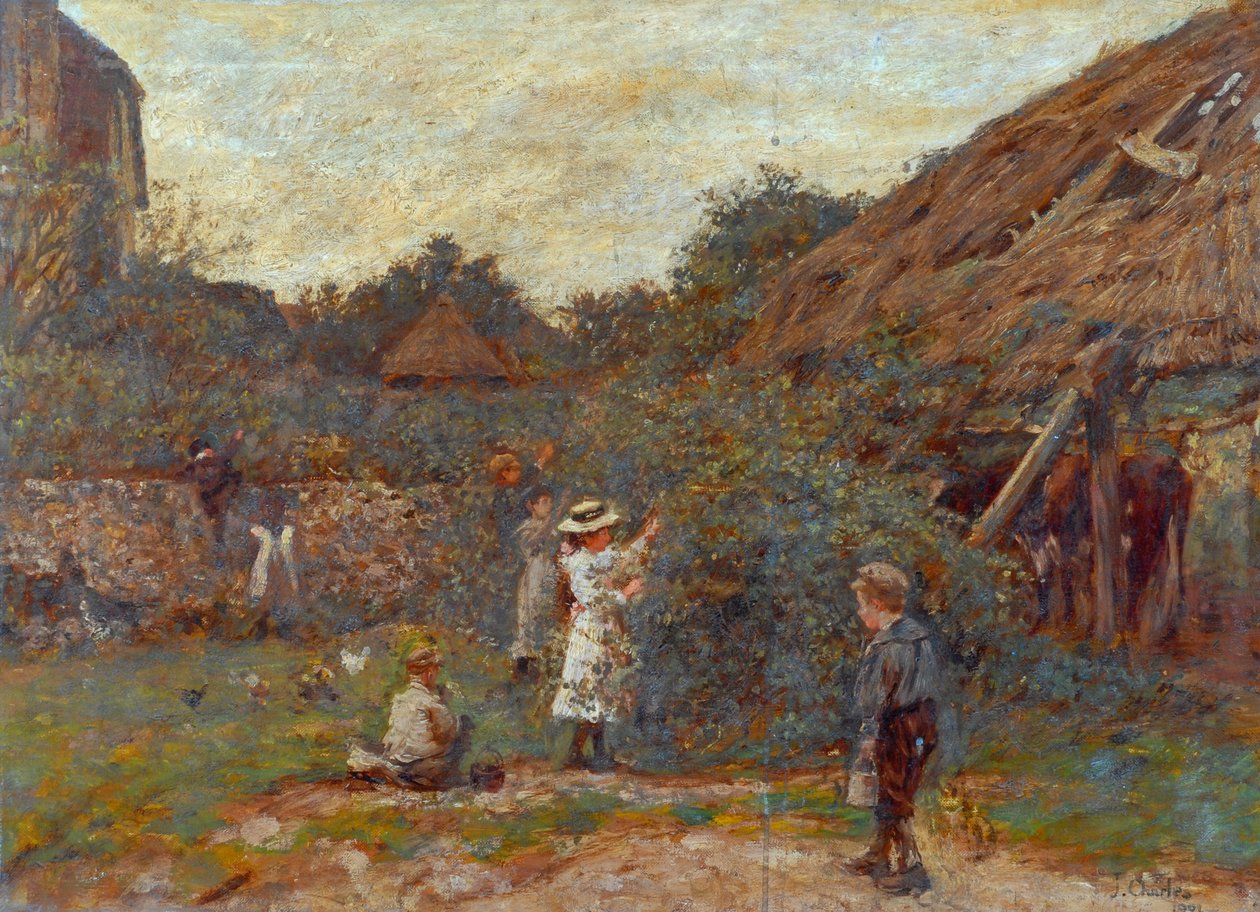 Scen på gården med barn som plockar frukt, 1901 av Charles James