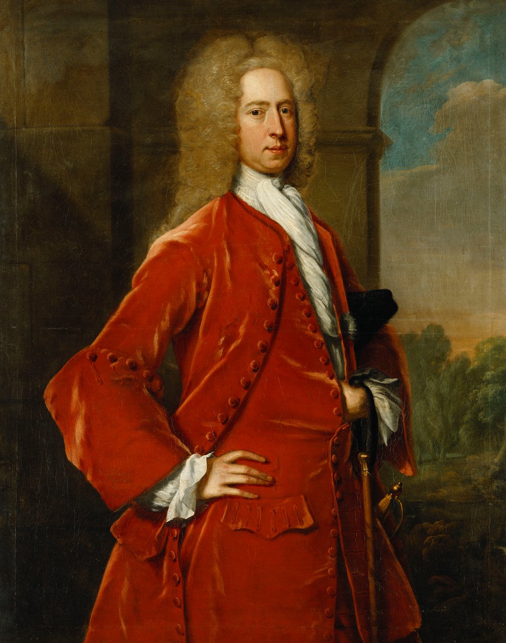 Porträtt av överste William Forward, M.P., tre fjärdedels längd, i en röd kappa och väst och vit stock, vid ett stenvalv, ett landskap bortom, av Charles Jervas