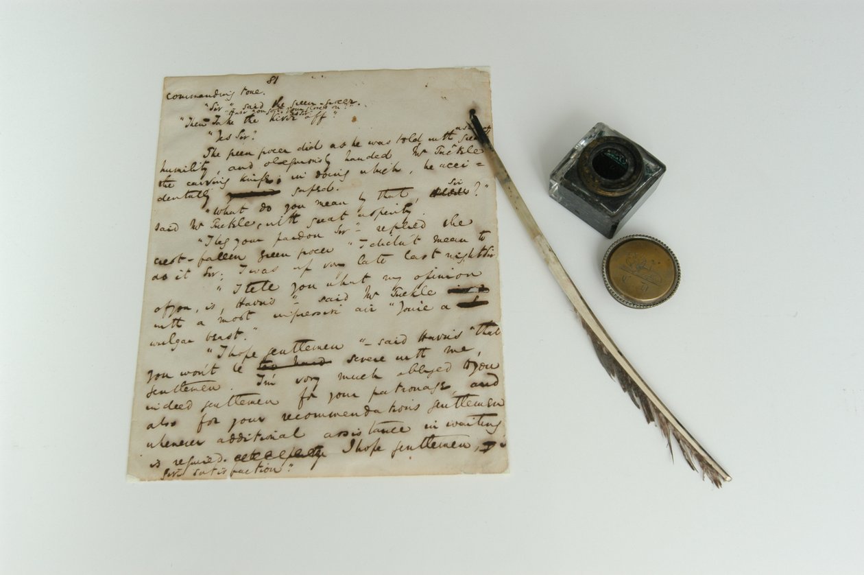Pickwick Papers manuskript, ca 1837, och Dickens fjäderpenna och bläck, fotograferat 2000-talet av Charles John Huffam Dickens