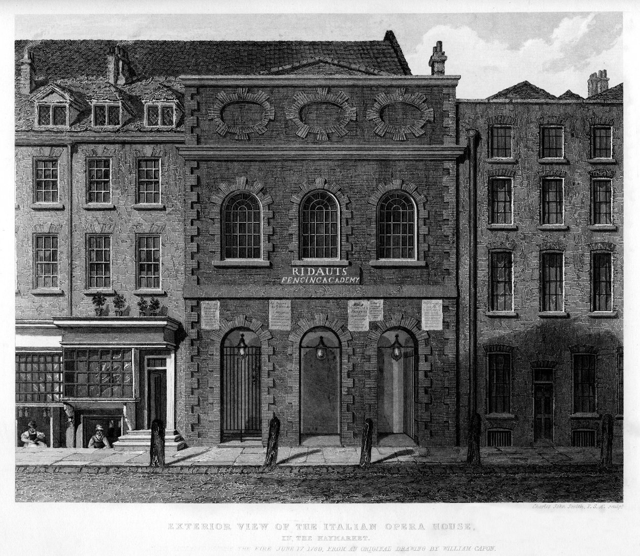Exteriörvy av det italienska operahuset, Haymarket, 1700-talet, 1840 av Charles John Smith