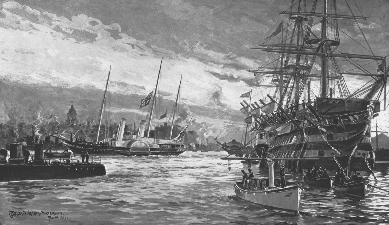 Drottning Victorias begravning...Royal Yacht Alberta går in i Portsmouth Harbour...1901. av Charles John de Lacy