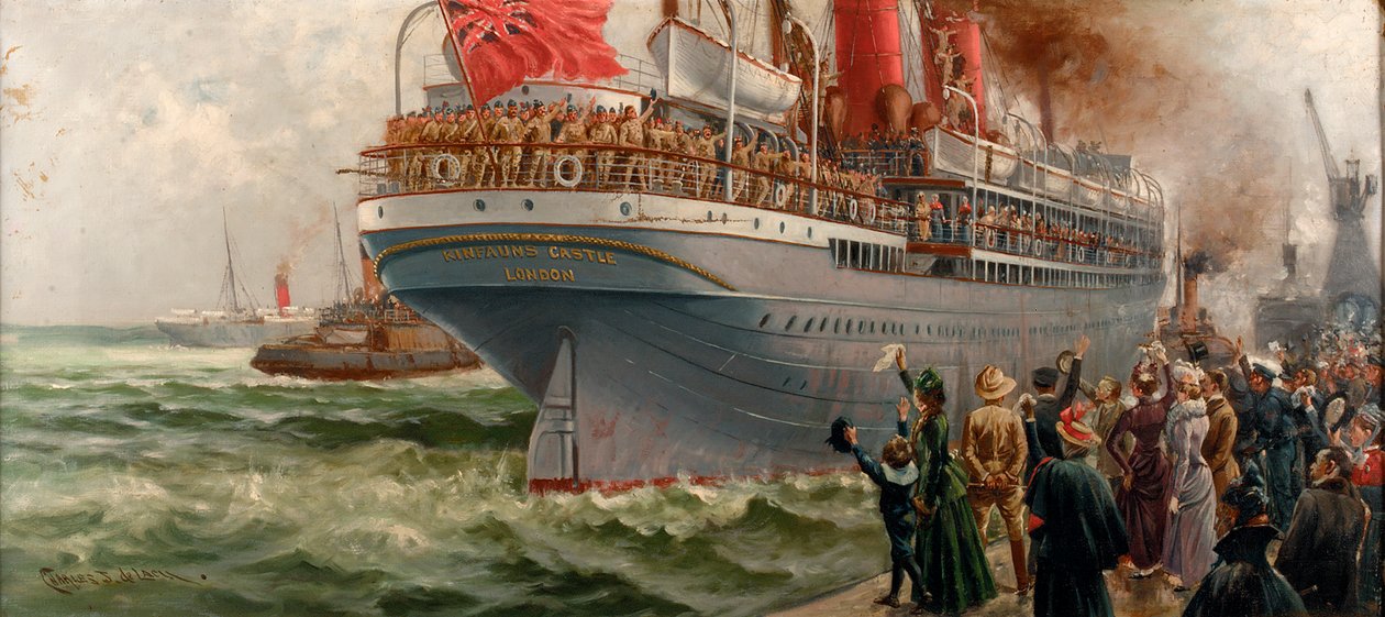 "Kinfauns Castle" som trupptransportfartyg, ca 1900-05 (Målning) av Charles John de Lacy
