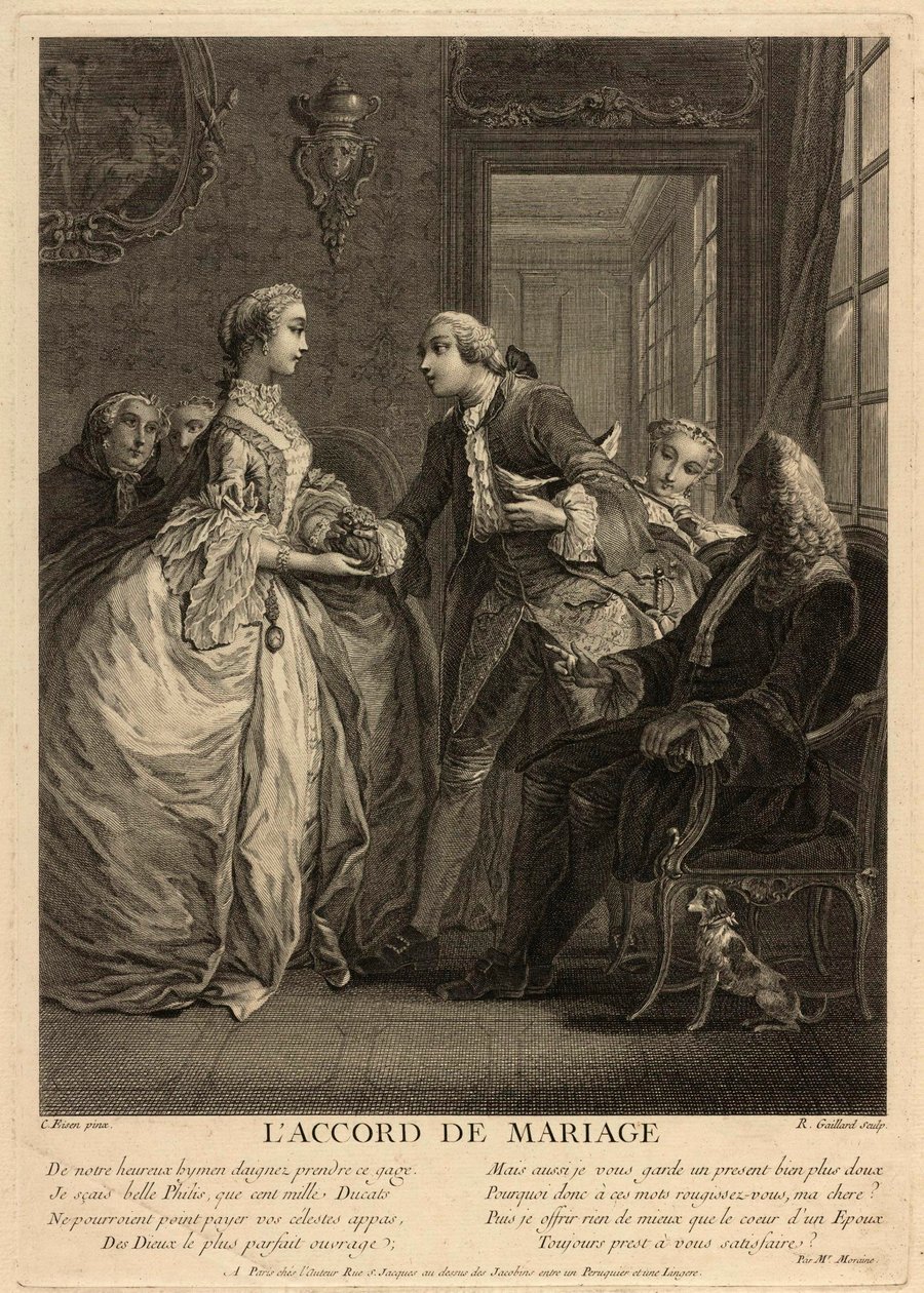 Äktenskapsavtalet. En ung man lägger en handväska i händerna på en ung kvinna, under ögonen på berörda personer, notarier och föräldrar. Arbete av Charles Eisen (1720-1778), gravyr av Charles Joseph Dominique Eisen