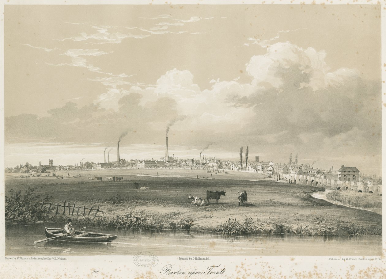 Burton-upon-Trent Bridge and Town: tonad litografi, nd [c 1840] av Charles Joseph Hullmandel