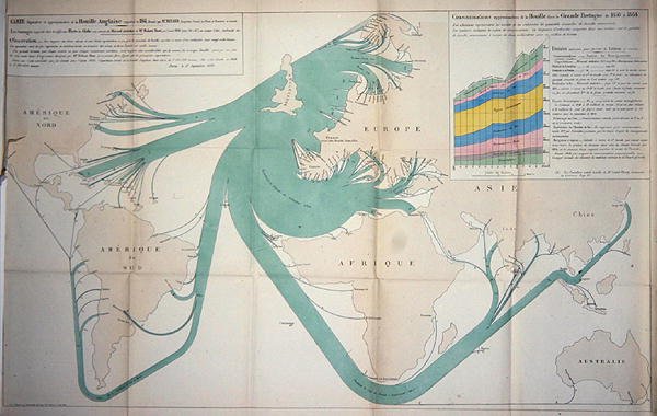 Karta som visar exporten av kol från de brittiska öarna 1864 av Charles Joseph Minard