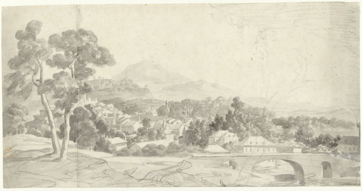 Landskap med en stad vid en bro av Charles Joseph Natoire (attributed to)