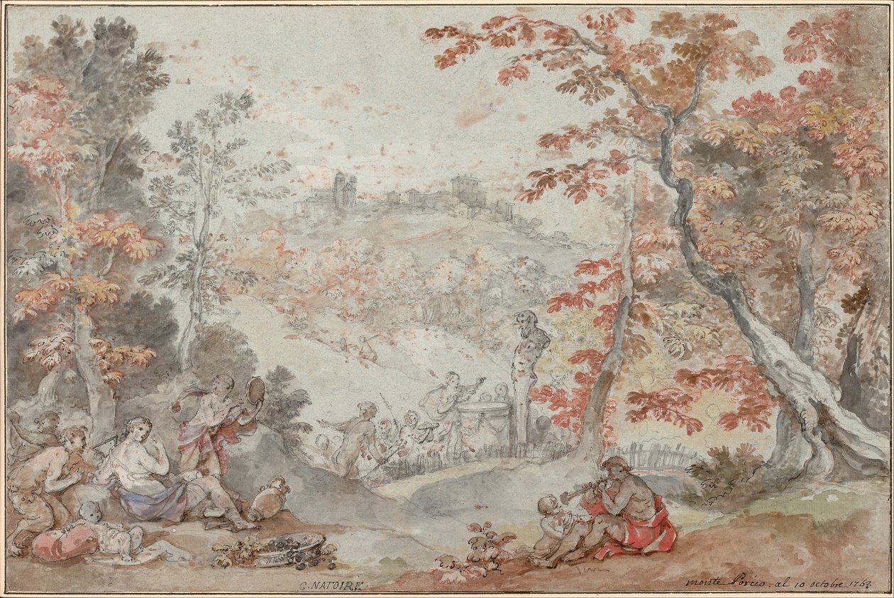 Italienskt höstlandskap med Monte Porzio och en offergåva till Pan, 1763 av Charles Joseph Natoire