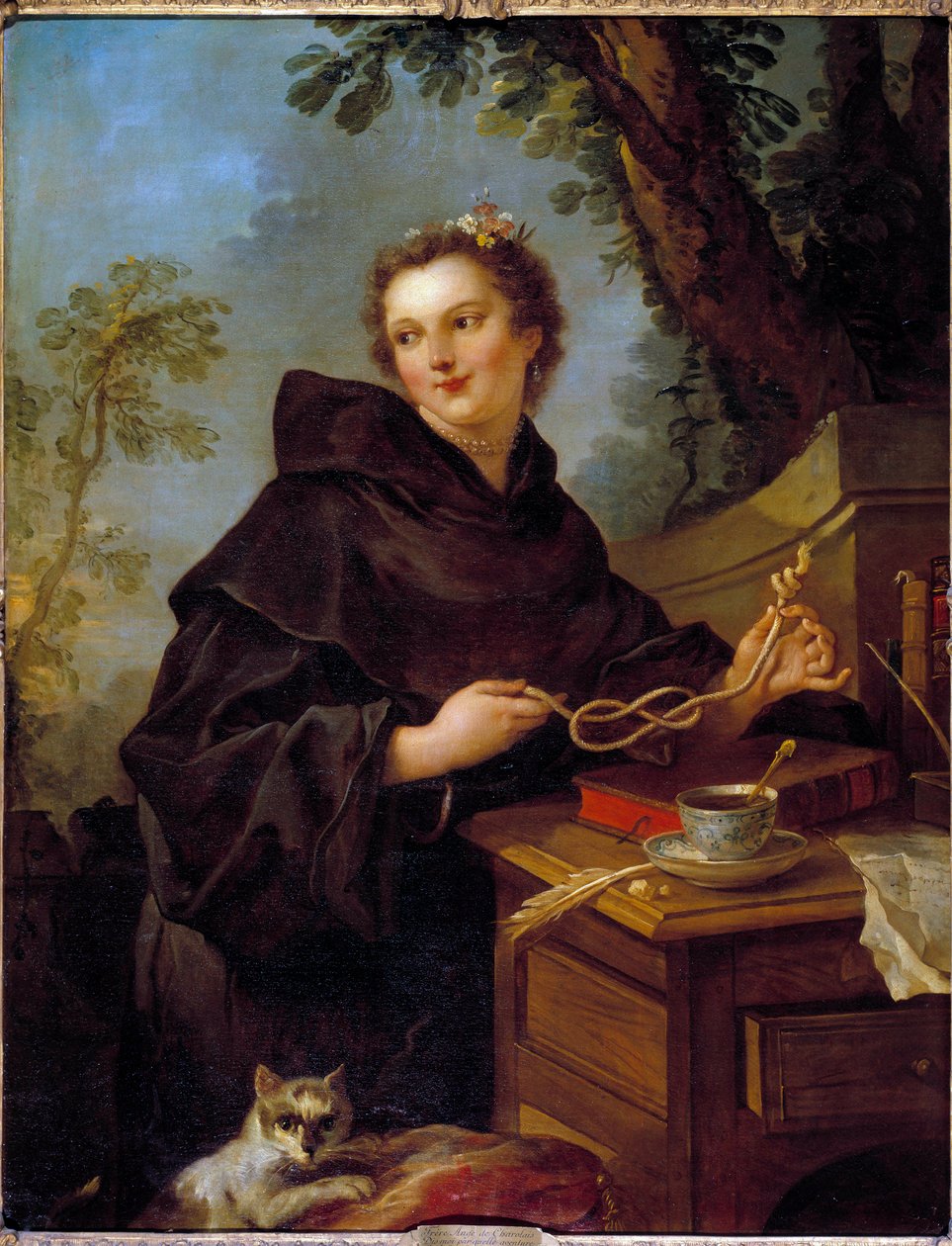 Porträtt av Louise Anne De Bourbon Conde, Mademoiselle De Charolais (1695-1758), barnbarn av Ludvig XIV. Mellan hans händer en sjöknut (knut av åtta). Målning av Charles Joseph Natoire (Charles-Joseph Natoire av Charles Joseph Natoire