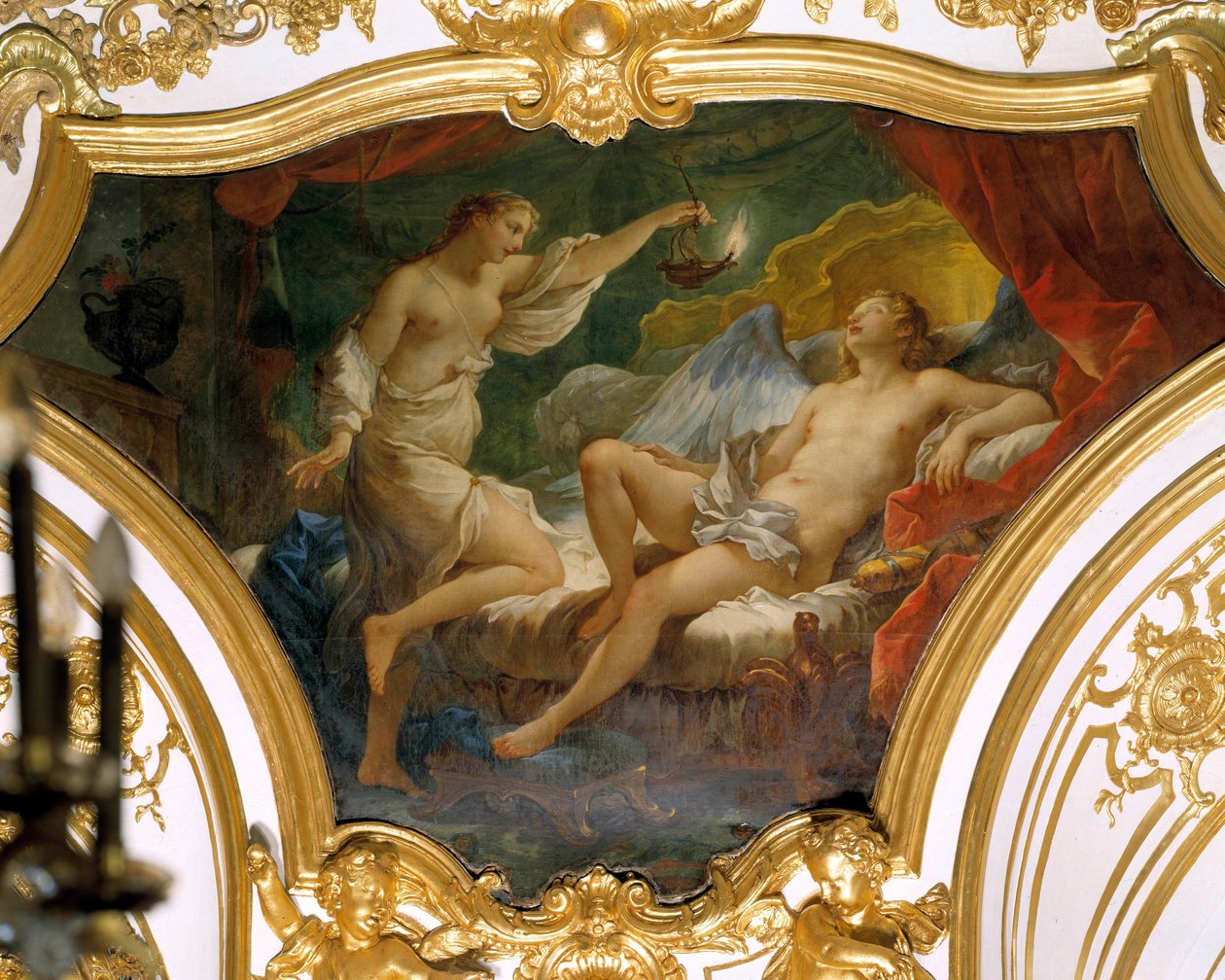 Psyche höjer sin lampa för att begrunda sin fru Eros (eller kärlek) Takmålning av Charles Joseph Natoire (Charles-Joseph Natoire av Charles Joseph Natoire