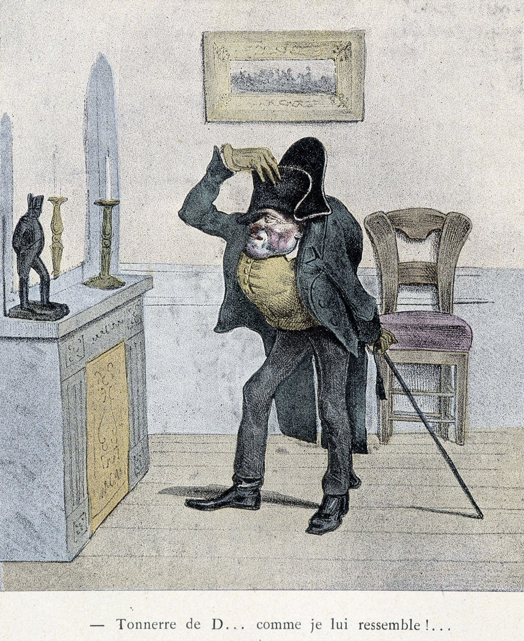 Thunder of D... som jag ser ut som honom!... Tecknad Travies från 1800-talet som föreställer en man som jämför sig med en statyett av Napoleon. av Charles Joseph Travies de Villiers