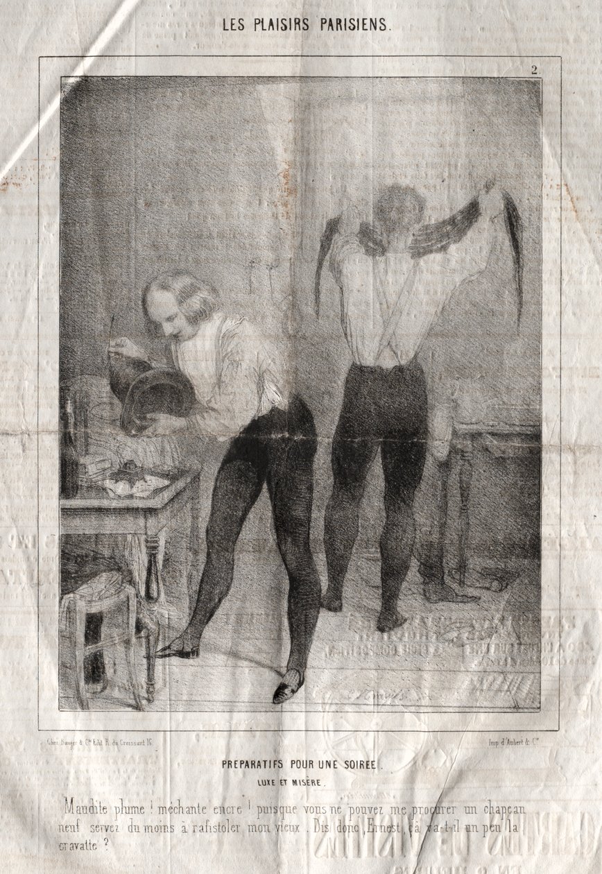 Les Plaisirs Parisiens: Förberedelser för en kväll. Lyx och elände. Förbannad fjäder! dåligt bläck!... av Charles Joseph Traviès de Villers